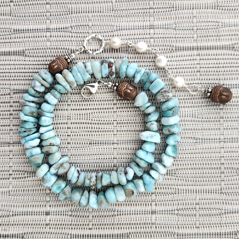 2--LARIMAR NECKLACE WITH BUDDHA BEADS-16IN