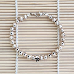 925 SILVER BEADED (6MM) BRACELET WITH SKULL BEAD