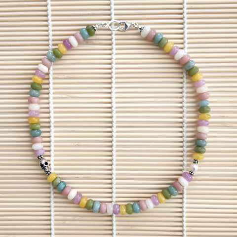 MIXED GEMSTONE NECKLACE W/ 925 SKULL-16"