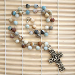 AMAZONITE NECKLACE WITH FLORAL CROSS-36"