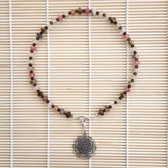 1--CHERRY & FIRE QUARTZ NECKLACE WITH MANDALA- 16IN