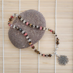 5--CHERRY & FIRE QUARTZ NECKLACE WITH MANDALA- 16IN