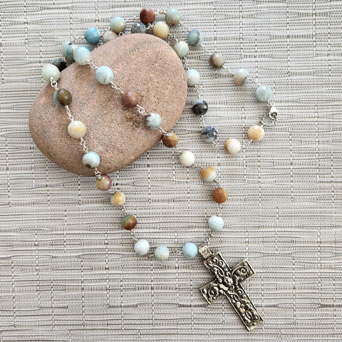 AMAZONITE NECKLACE WITH FLORAL CROSS-36"