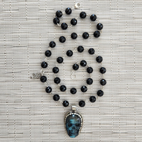 BLACK ONYX NECKLACE WITH SKULL PENDANT-28"