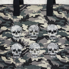 6--MINI NEO SKULLS ON CAMO PRINT CANVAS TOTE