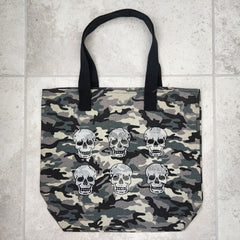 6--MINI NEO SKULLS ON CAMO PRINT CANVAS TOTE