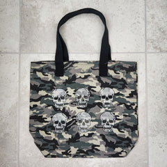 6--MINI NEO SKULLS ON CAMO PRINT CANVAS TOTE