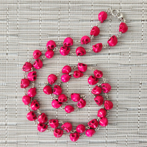 HOT PINK SKULL BEAD NECKLACE-36"