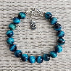 3--BLUE TIGERS EYE BRACELET W/ FLEUR DE LIS CHARM