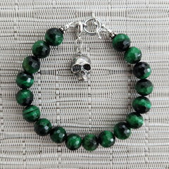 3--GREEN TIGERS EYE BRACELET W/ 925 SILVER SKULL