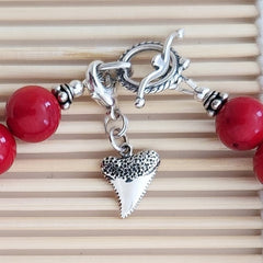 3--RED CORAL BRACELET W/ 925 SILVER SHARK TOOTH