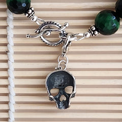 3--GREEN TIGERS EYE BRACELET W/ 925 SILVER SKULL