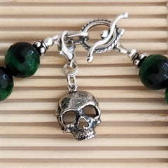 3--GREEN TIGERS EYE BRACELET W/ 925 SILVER SKULL