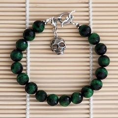 3--GREEN TIGERS EYE BRACELET W/ 925 SILVER SKULL