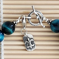 3--BLUE TIGERS EYE BRACELET W/ FLEUR DE LIS CHARM