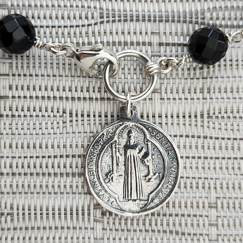 BLACK ONYX NECKLACE WITH ST. BENEDICT MEDALLION-16"