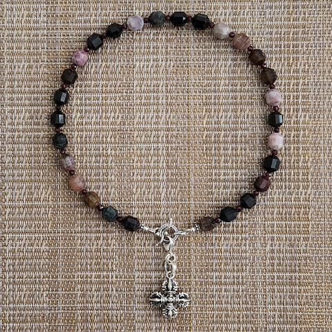 1--TOURMALINE NECKLACE WITH 925 DOUBLE DORJE CROSS