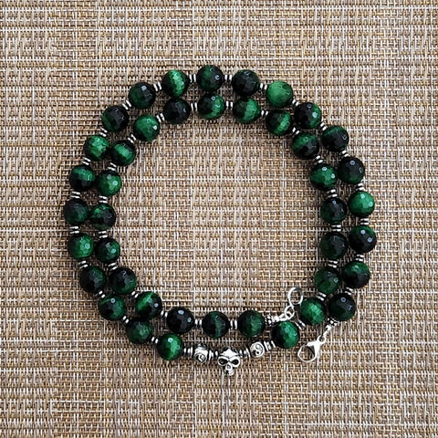 0--GREEN TIGERS EYE NECKLACE W/ 925 SKULL BEAD