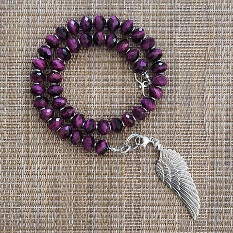 1--PURPLE TIGERS EYE NECKLACE WITH 925 SILVER WING