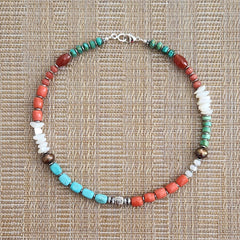 1--ORANGE & TURQUOISED COLORED MIXED BEADED NECKLACE