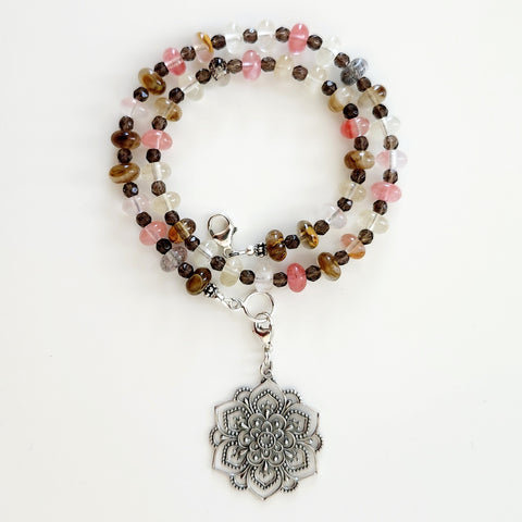 CHERRY & FIRE QUARTZ NECKLACE WITH MANDALA- 16IN