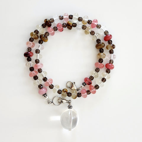 5--CHERRY & FIRE QUARTZ NECKLACE W/ CLEAR QUARTZ DROP