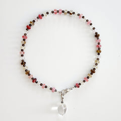 1--CHERRY & FIRE QUARTZ NECKLACE W/ CLEAR QUARTZ DROP