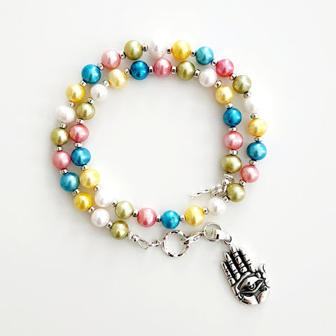 PASTEL PEARL NECKLACE W/ 925 HAND & EYE PENDANT