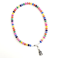 0--"LIFESAVER" MULTI COLORED JADE NECKLACE W/ MINI 925 HAPPY BUDDHA