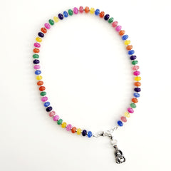 0--"LIFESAVER" MULTI COLORED JADE NECKLACE W/ MINI 925 HAPPY BUDDHA