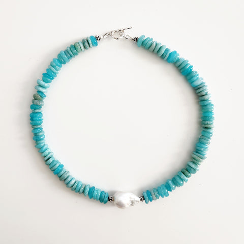 1--AMAZONITE NECKLACE WITH FIREBALL PEARL