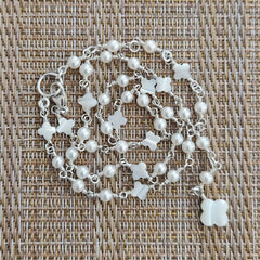 MINI PEARLS & MOTHER OF PEARL CLOVER NECKLACE--16-20"