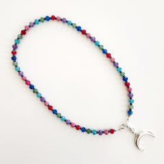 1--MULTI COLORED JADE NECKLACE W/ 925 CRESCENT MOON-22"