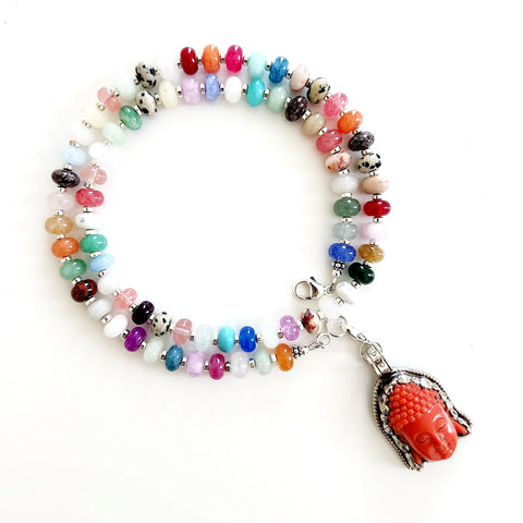 0--"JELLYBEAN" MIXED GEMSTONE NECKLACE W/ BUDDHA PENDANT-22"