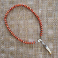 0--ORANGE JADE NECKLACE W/ 925 MOTHER OF PEARL CLAW-18"