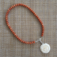 0--ORANGE JADE NECKLACE W/ CARVED ROSE-18"