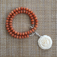 0--ORANGE JADE NECKLACE W/ CARVED ROSE-18"