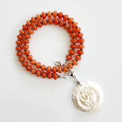 0--ORANGE JADE NECKLACE W/ CARVED ROSE-18"