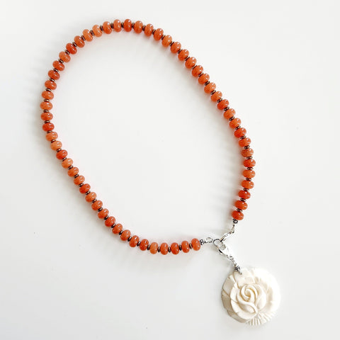 0--ORANGE JADE NECKLACE W/ CARVED ROSE-18"