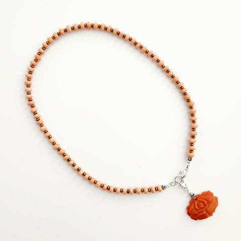 0--ORANGE CORAL NECKLACE W/ CARVED ROSE-18"