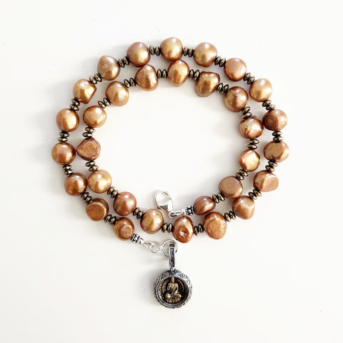 0--ORANGE GOLD PEARL NECKLACE W/ BUDDHA PENDANT-18"