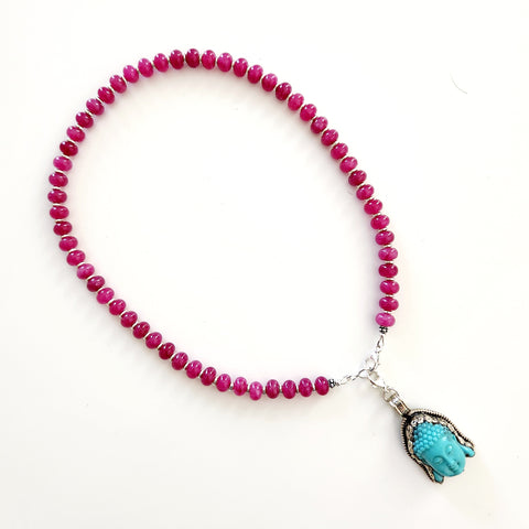 0--FUCHSIA JADE NECKLACE W/ BUDDHA PENDANT-18"