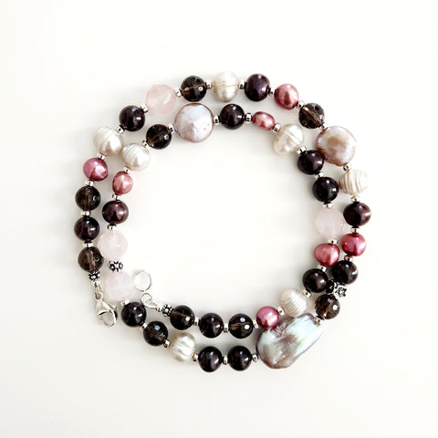 SMOKY QUARTZ MIX GEMSTONE NECKLACE--20IN