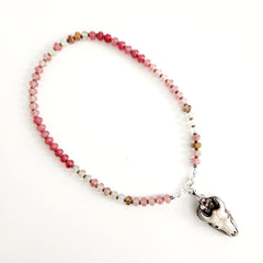 0--OMBRE ROSE GEMSTONE NECKLACE W/ BULL SKULL PENDANT-18"