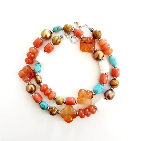 0--CARNELIAN CLOVER MIXED GEMSTONE NECKLACE--18IN