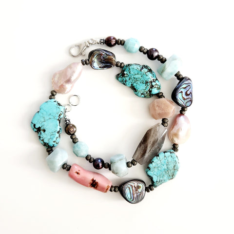 TURQUOISE SLAB GEMSTONE MIX NECKLACE--18IN