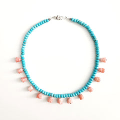 0--TURQUOISE NECKLACE W/ CORAL FLOWER DROPS-16"