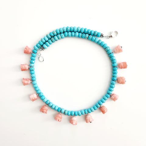 0--TURQUOISE NECKLACE W/ CORAL FLOWER DROPS-16"