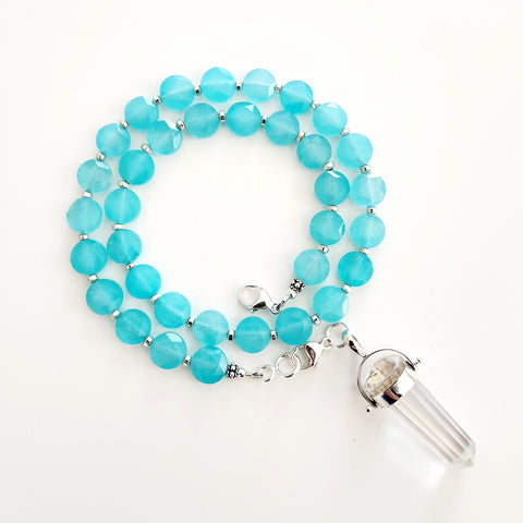 0--AQUA COLOR JADE NECKLACE W/ CRYSTAL POINT PENDANT-18"