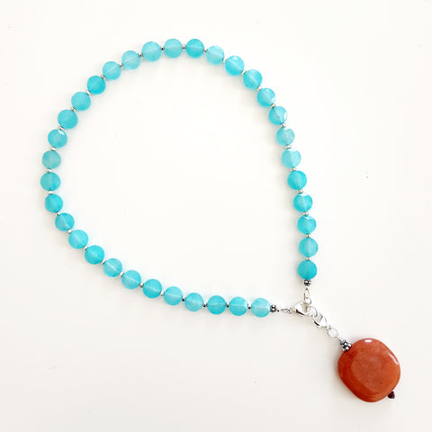 0--AQUA COLOR JADE NECKLACE W/ GEMSTONE PENDANT-18"